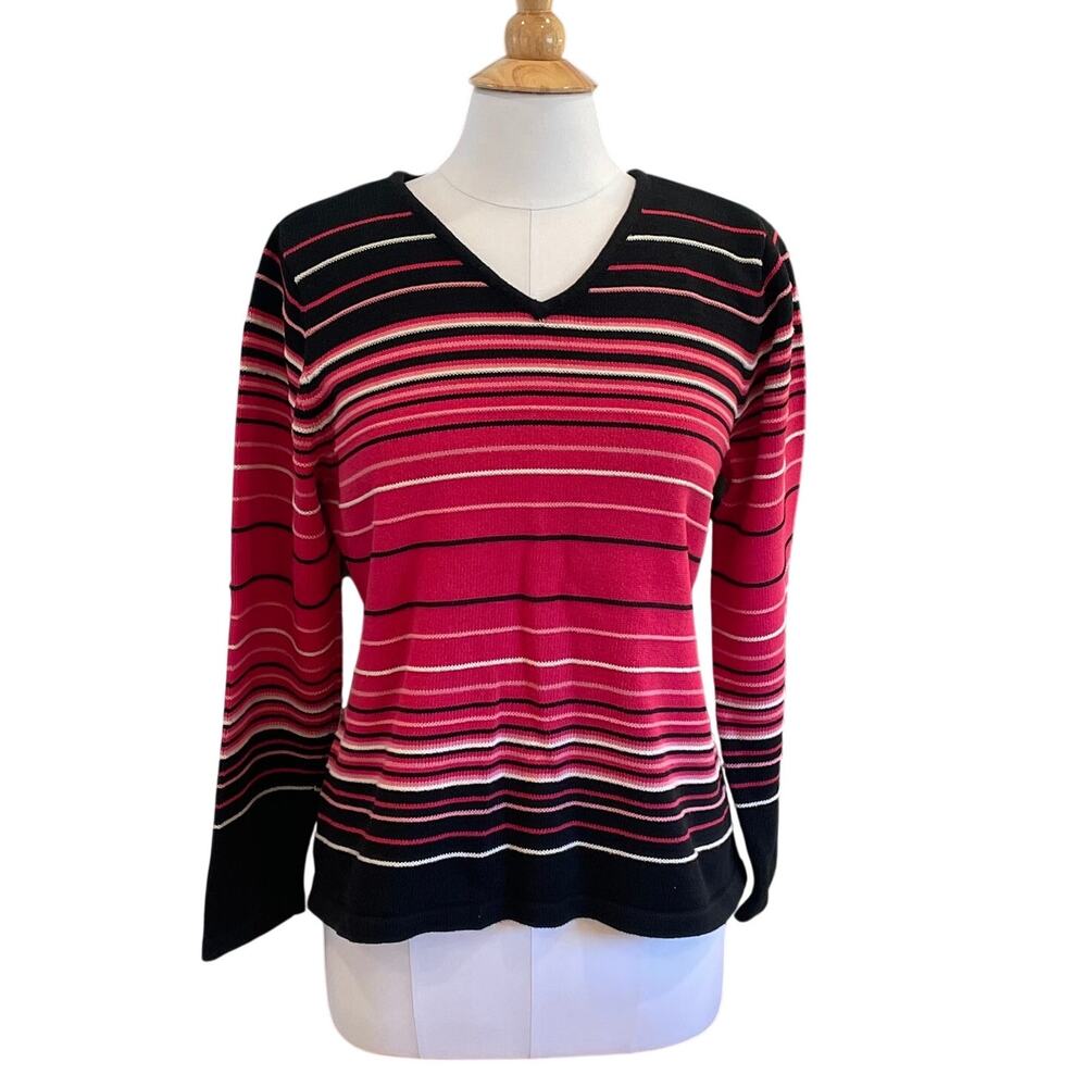 Liz Claiborne Red Stripe Long Sleeve Sweater, 100% Cotton, V-Neck, Size XL